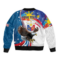 Blue and white bomber jacket with eagle and patriotic flag 'Your Text' back graphic