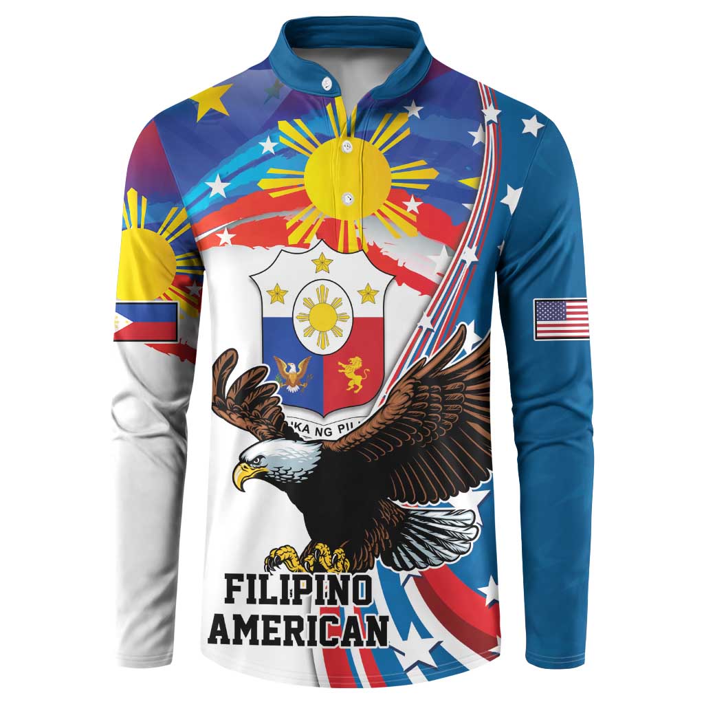 Blue long-sleeve button sweatshirt with eagle and sunburst Filipino-American graphic front