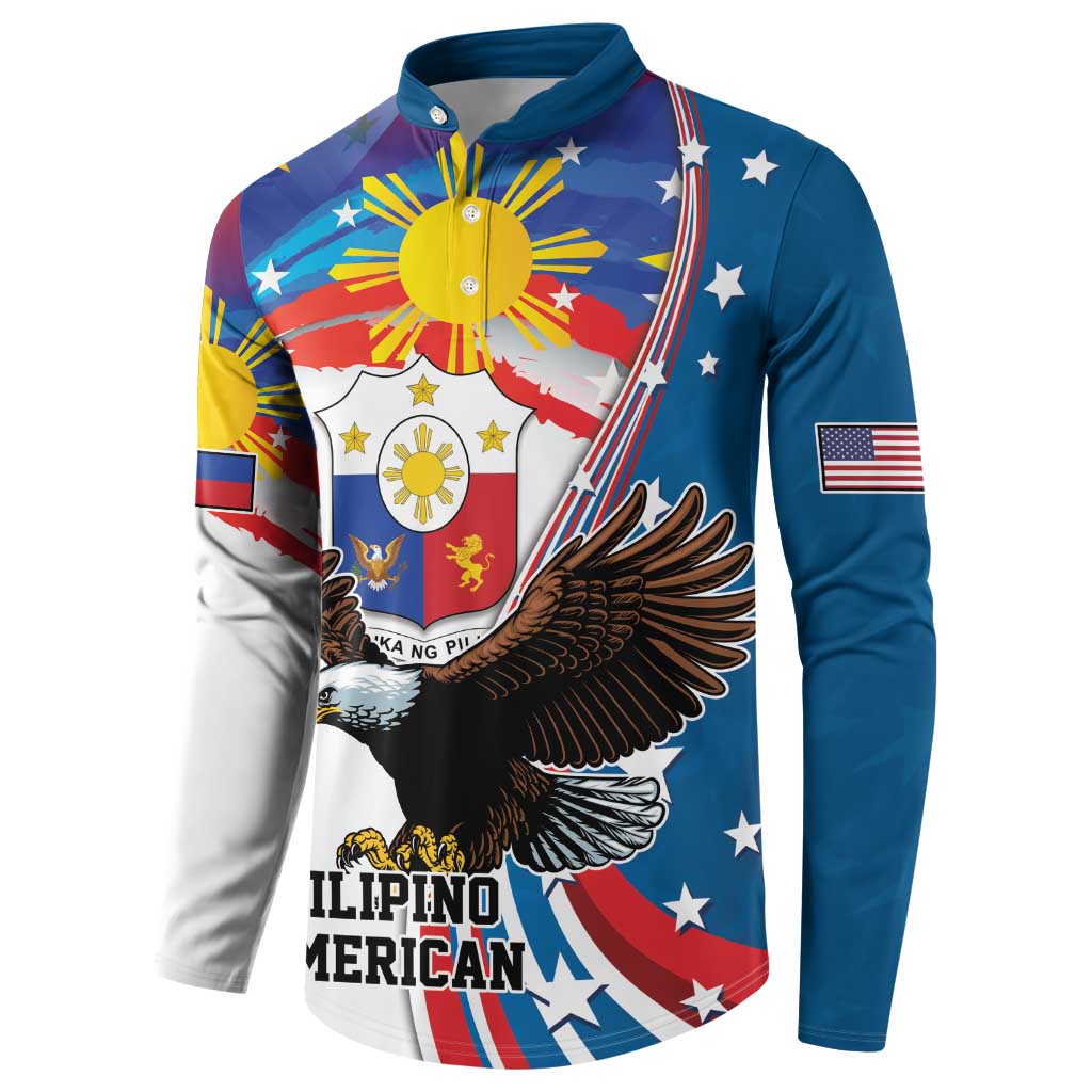 Blue long-sleeve button sweatshirt with eagle sunburst graphic and sleeve flag patch