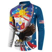 Blue long-sleeve button sweatshirt with eagle sunburst graphic and sleeve flag patch