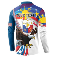 Blue and white button sweatshirt with eagle graphic and 'YOUR TEXT' on back