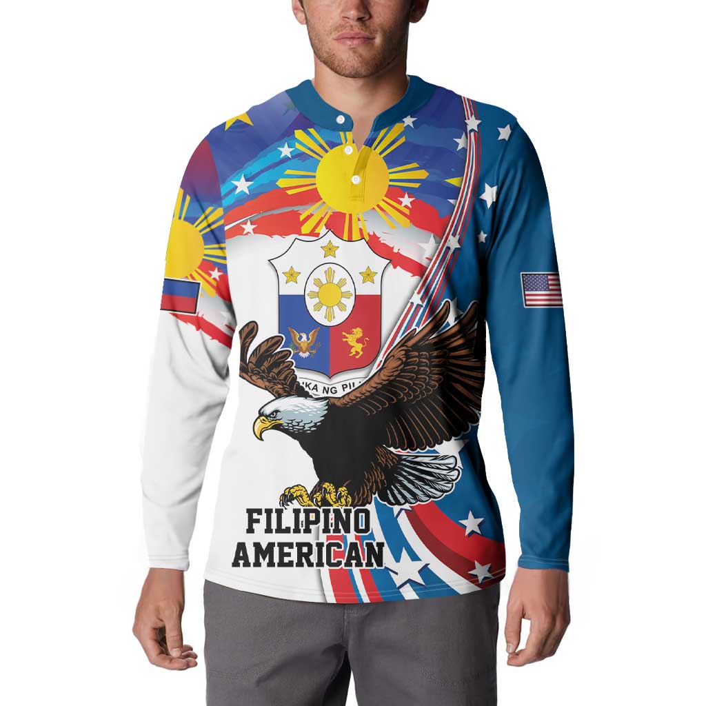 Blue and white long-sleeve button sweatshirt with eagle and 'FILIPINO AMERICAN' text