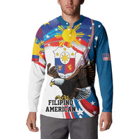 Blue and white long-sleeve button sweatshirt with eagle and 'FILIPINO AMERICAN' text