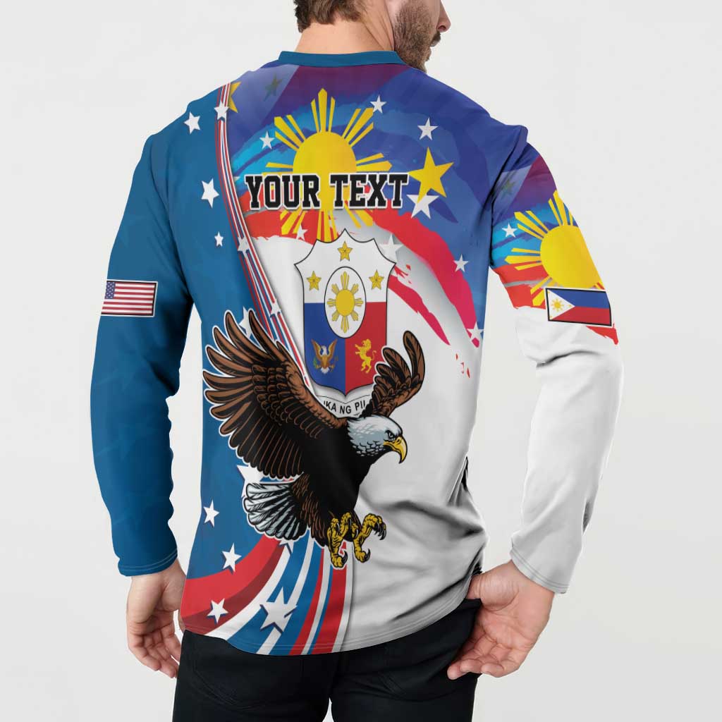 Blue and white button sweatshirt with 'YOUR TEXT' back and eagle sunburst graphic