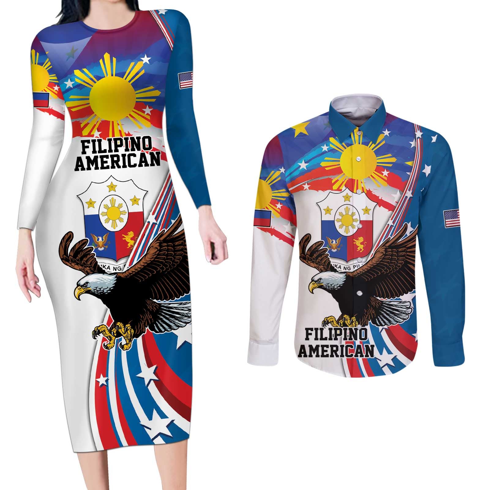 Personalized Filipino-American Couples Matching Long Sleeve Bodycon Dress and Long Sleeve Button Shirt The Eight-Rayed Sun with Bald Eagle LT9 - Wonder Print Shop