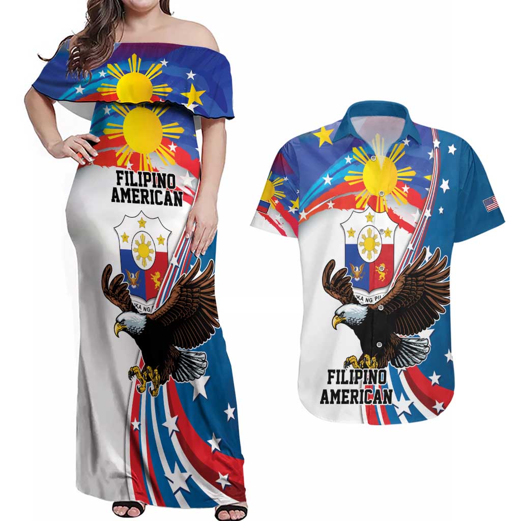 Personalized Filipino-American Couples Matching Off Shoulder Maxi Dress and Hawaiian Shirt The Eight-Rayed Sun with Bald Eagle LT9 - Wonder Print Shop