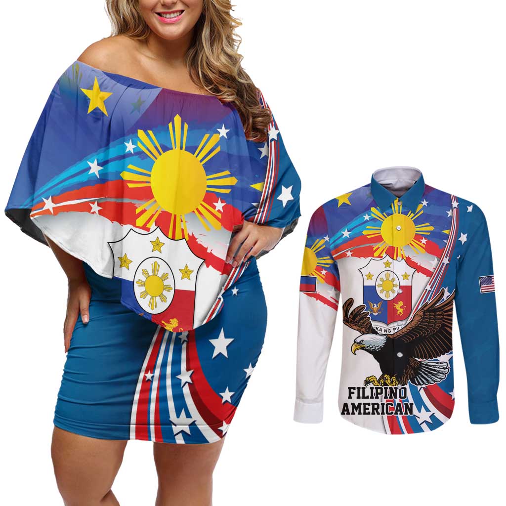 Personalized Filipino-American Couples Matching Off Shoulder Short Dress and Long Sleeve Button Shirt The Eight-Rayed Sun with Bald Eagle LT9 - Wonder Print Shop