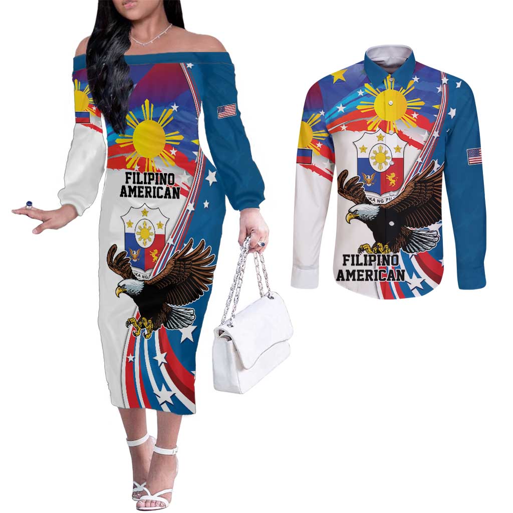 Personalized Filipino-American Couples Matching Off The Shoulder Long Sleeve Dress and Long Sleeve Button Shirt The Eight-Rayed Sun with Bald Eagle