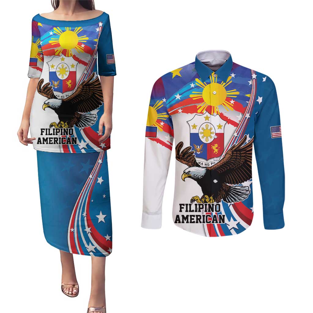 Personalized Filipino-American Couples Matching Puletasi and Long Sleeve Button Shirt The Eight-Rayed Sun with Bald Eagle LT9 - Wonder Print Shop