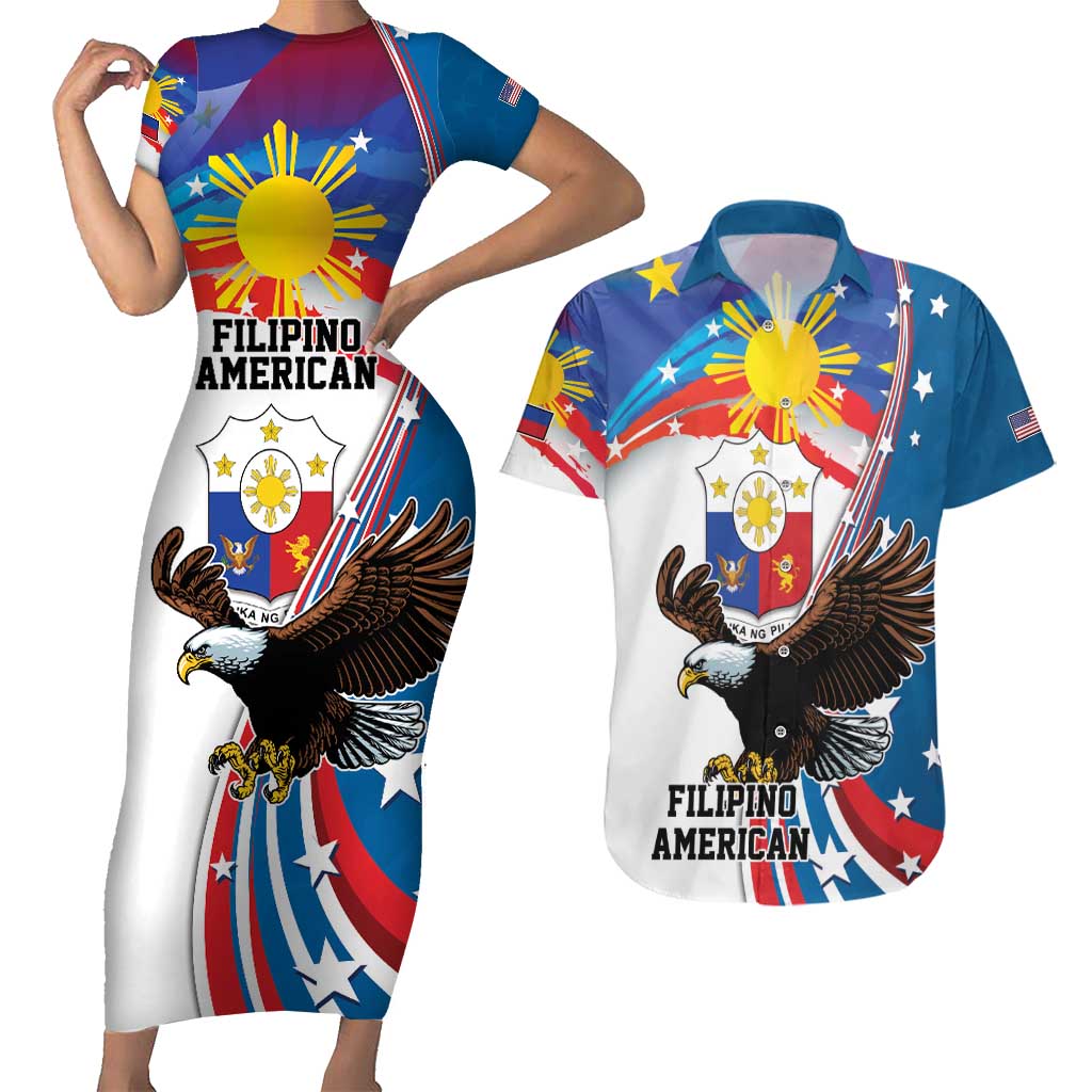 Personalized Filipino-American Couples Matching Short Sleeve Bodycon Dress and Hawaiian Shirt The Eight-Rayed Sun with Bald Eagle LT9 - Wonder Print Shop