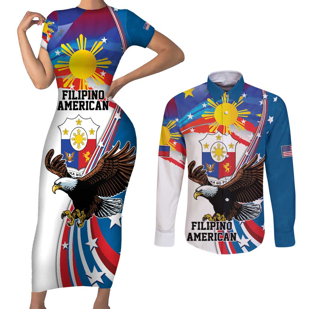 Personalized Filipino-American Couples Matching Short Sleeve Bodycon Dress and Long Sleeve Button Shirt The Eight-Rayed Sun with Bald Eagle LT9 - Wonder Print Shop