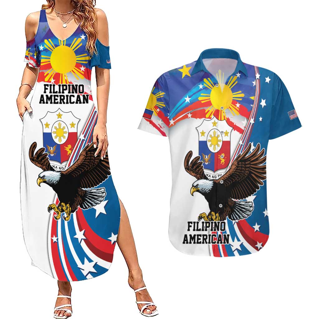 Personalized Filipino-American Couples Matching Summer Maxi Dress and Hawaiian Shirt The Eight-Rayed Sun with Bald Eagle LT9 - Wonder Print Shop