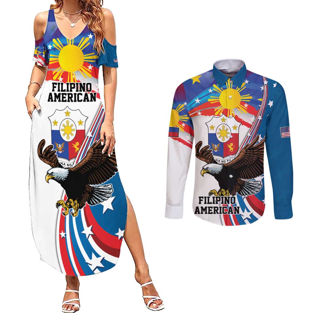 Personalized Filipino-American Couples Matching Summer Maxi Dress and Long Sleeve Button Shirt The Eight-Rayed Sun with Bald Eagle LT9 - Wonder Print Shop