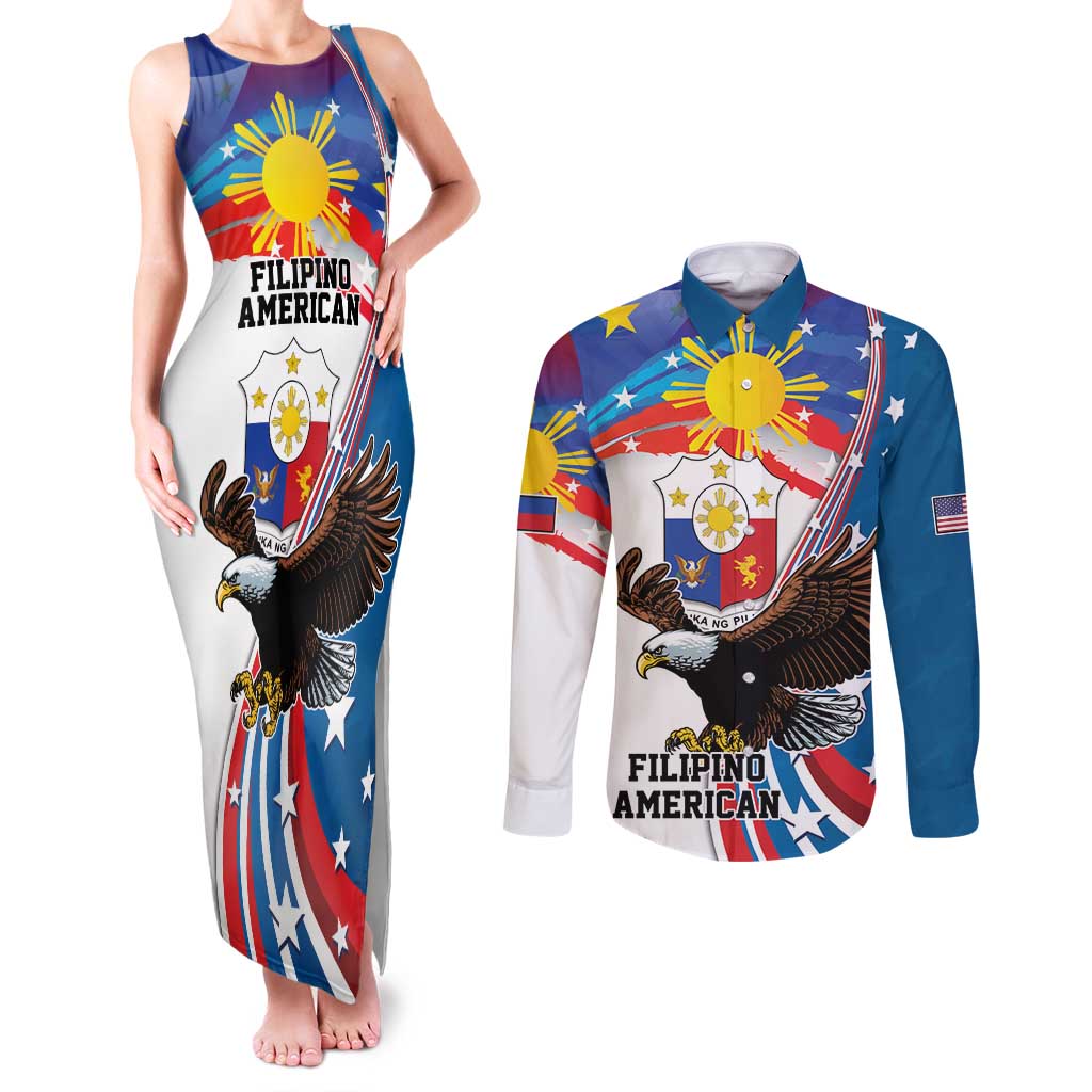 Personalized Filipino-American Couples Matching Tank Maxi Dress and Long Sleeve Button Shirt The Eight-Rayed Sun with Bald Eagle LT9 - Wonder Print Shop