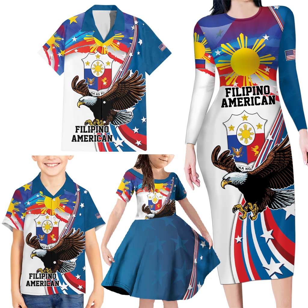 Personalized Filipino-American Family Matching Long Sleeve Bodycon Dress and Hawaiian Shirt The Eight-Rayed Sun with Bald Eagle LT9 - Wonder Print Shop