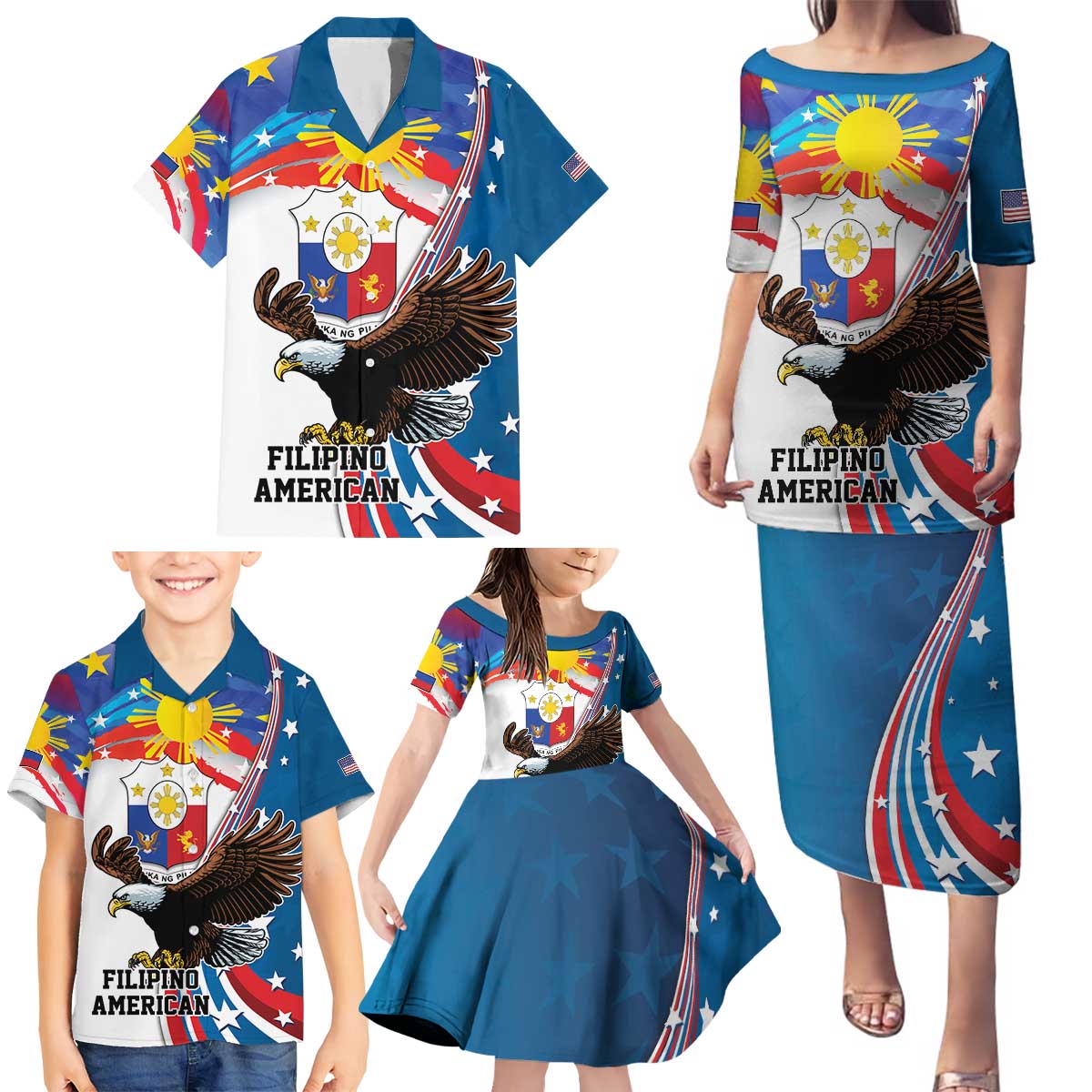 Personalized Filipino-American Family Matching Puletasi and Hawaiian Shirt The Eight-Rayed Sun with Bald Eagle - Wonder Print Shop