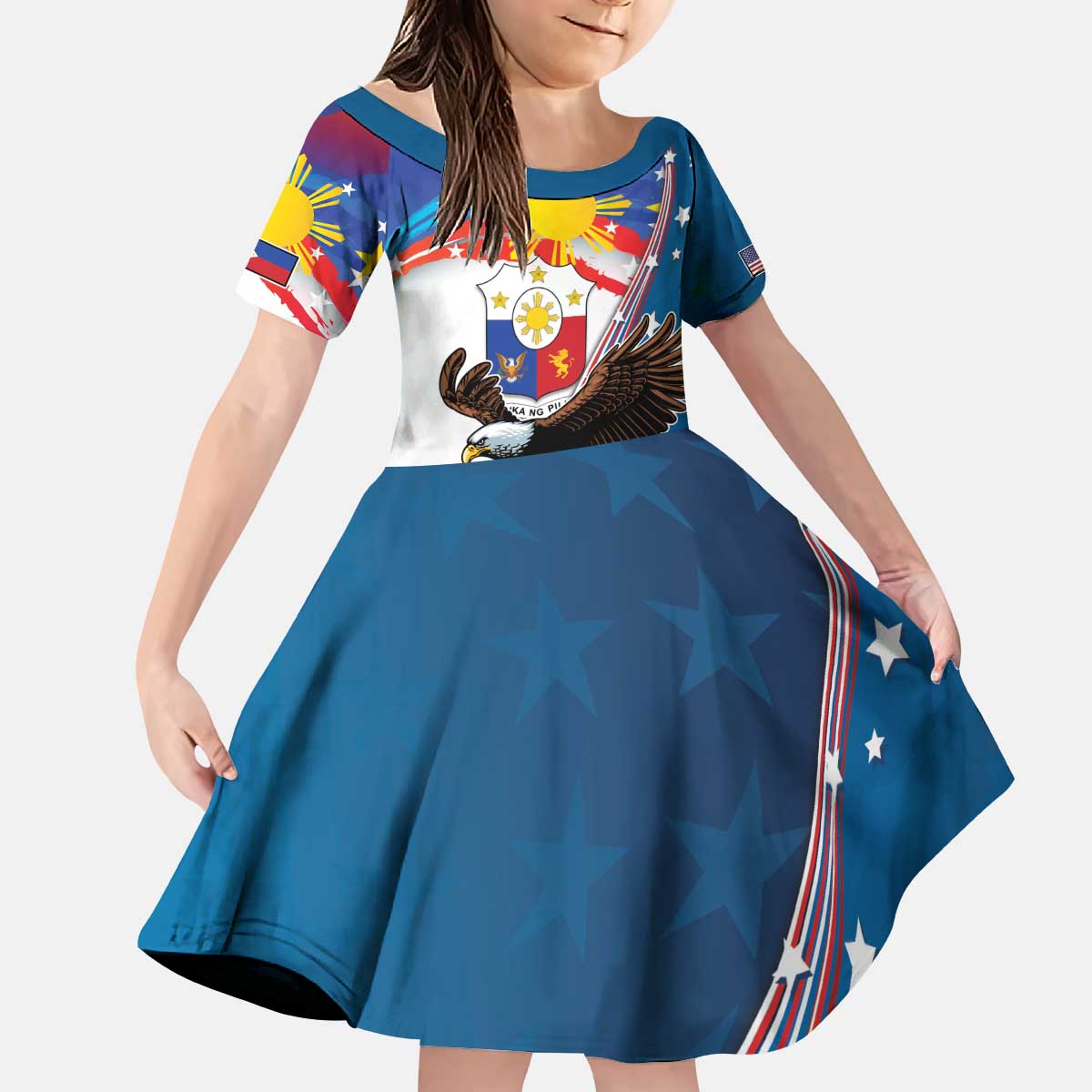 Personalized Filipino-American Kid Short Sleeve Dress The Eight-Rayed Sun with Bald Eagle - Wonder Print Shop