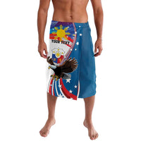 Blue swim shorts with bald eagle and patriotic flag graphic, personalized panel