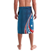 Blue shorts with flag and star print panel on back