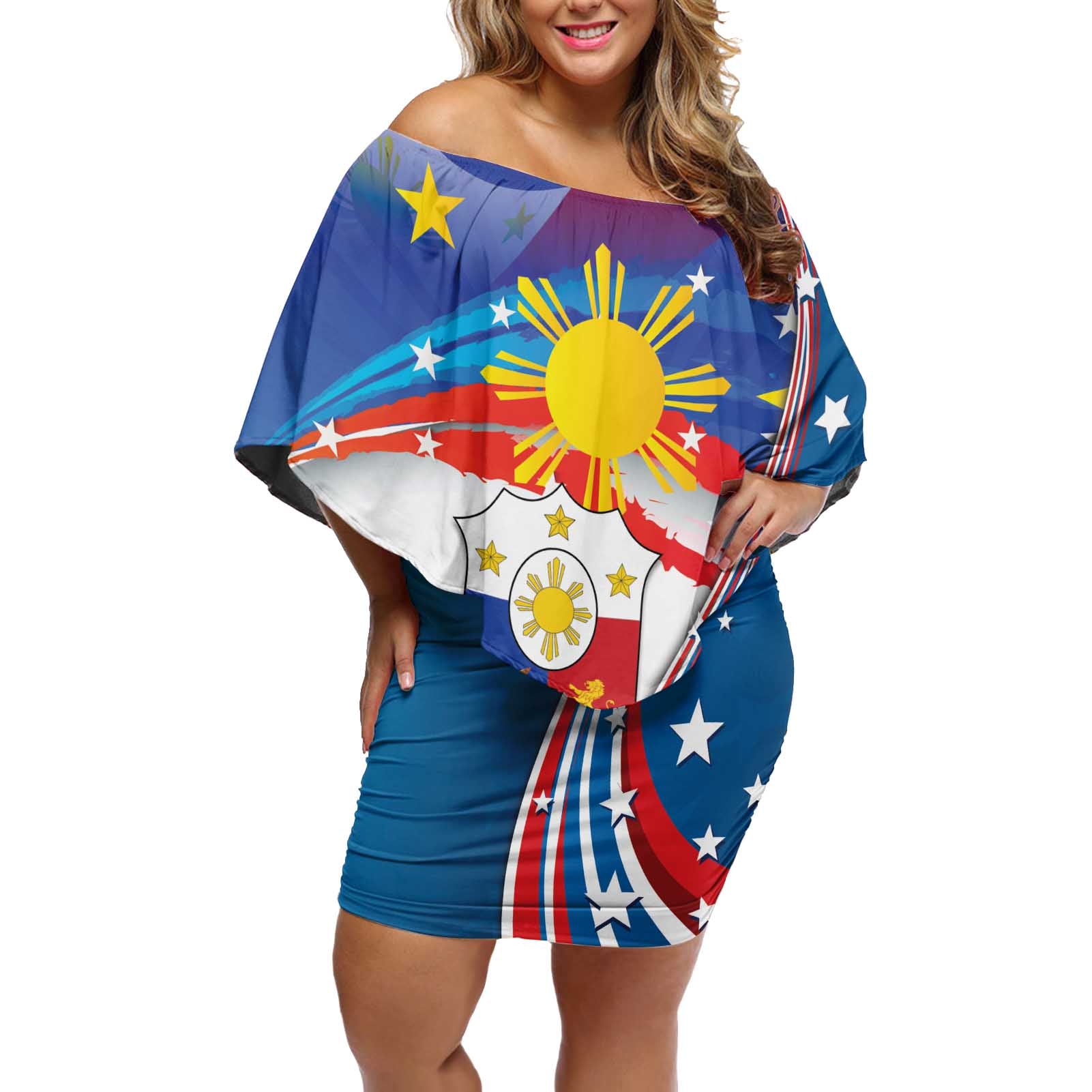 Personalized Filipino-American Off Shoulder Short Dress The Eight-Rayed Sun with Bald Eagle - Wonder Print Shop