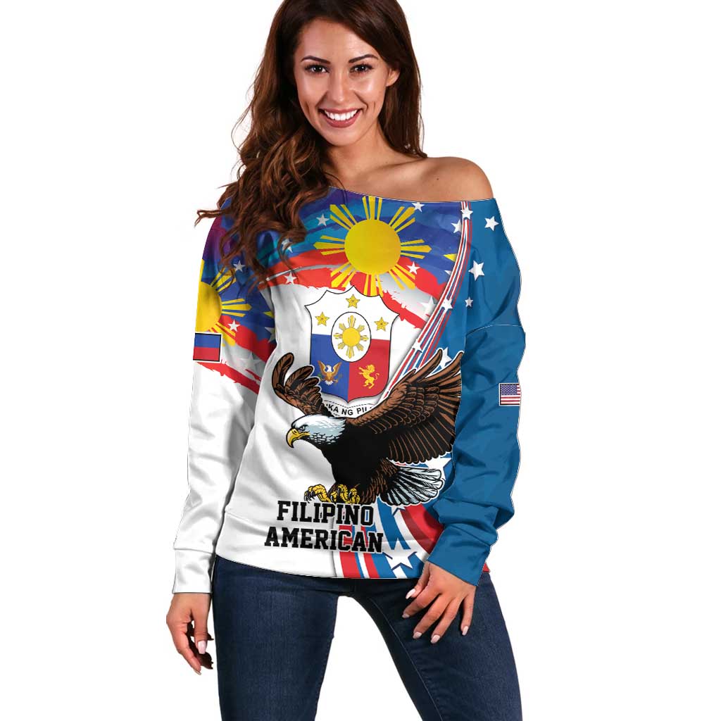 Personalized Filipino-American Off Shoulder Sweater The Eight-Rayed Sun with Bald Eagle - Wonder Print Shop