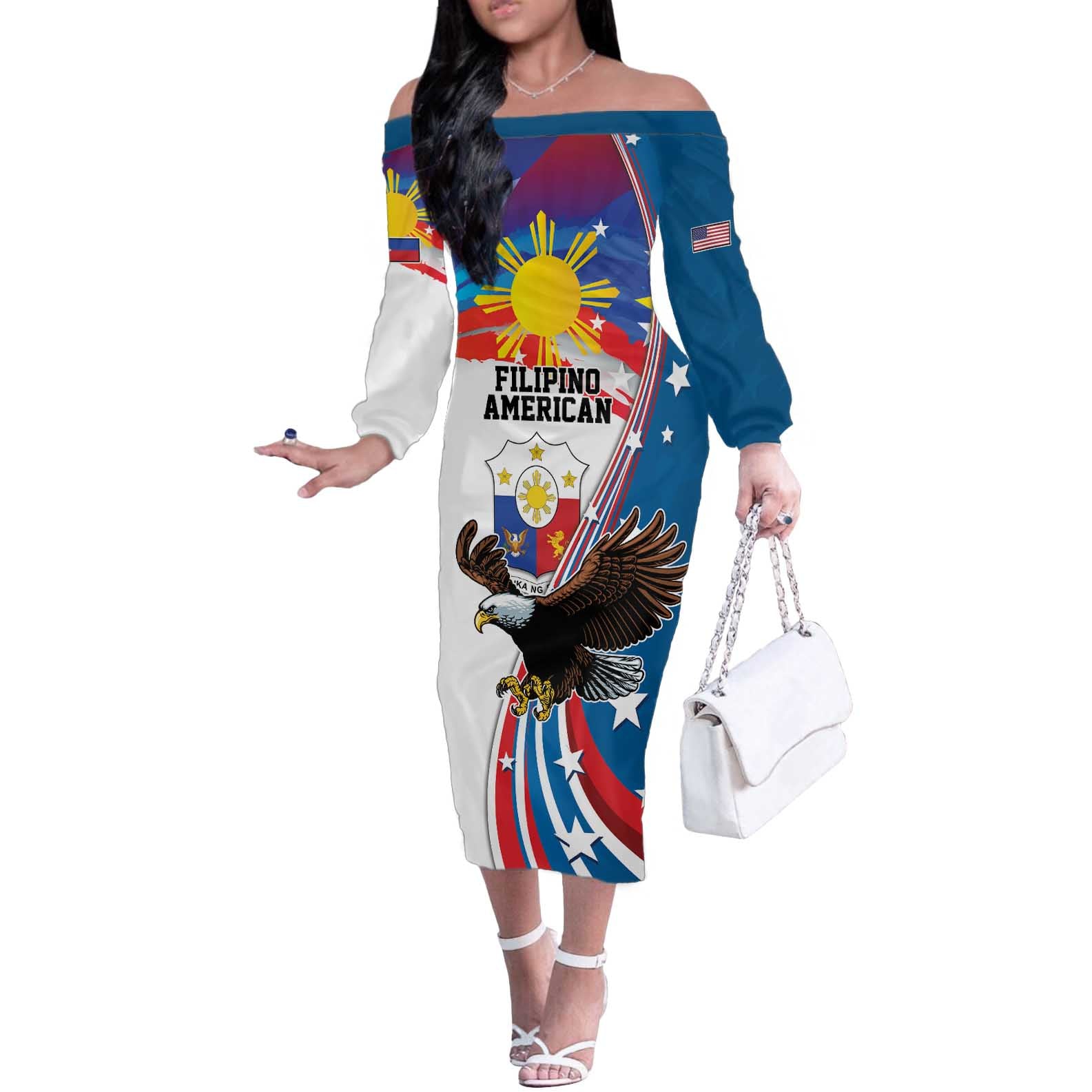 Personalized Filipino-American Off The Shoulder Long Sleeve Dress The Eight-Rayed Sun with Bald Eagle - Wonder Print Shop