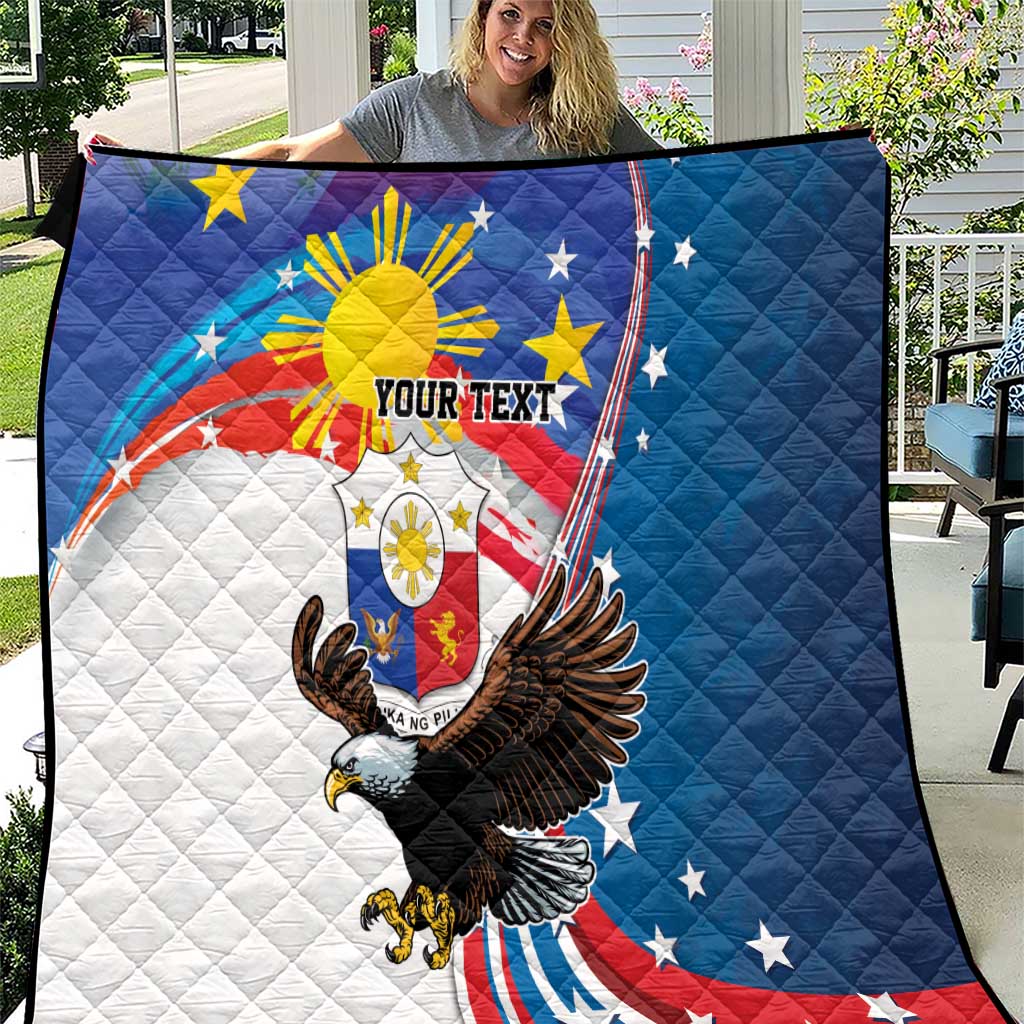 Personalized quilt with quilted blue, white, red design and eagle over “YOUR TEXT”