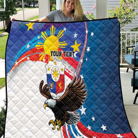 Personalized quilt with quilted blue, white, red design and eagle over “YOUR TEXT”