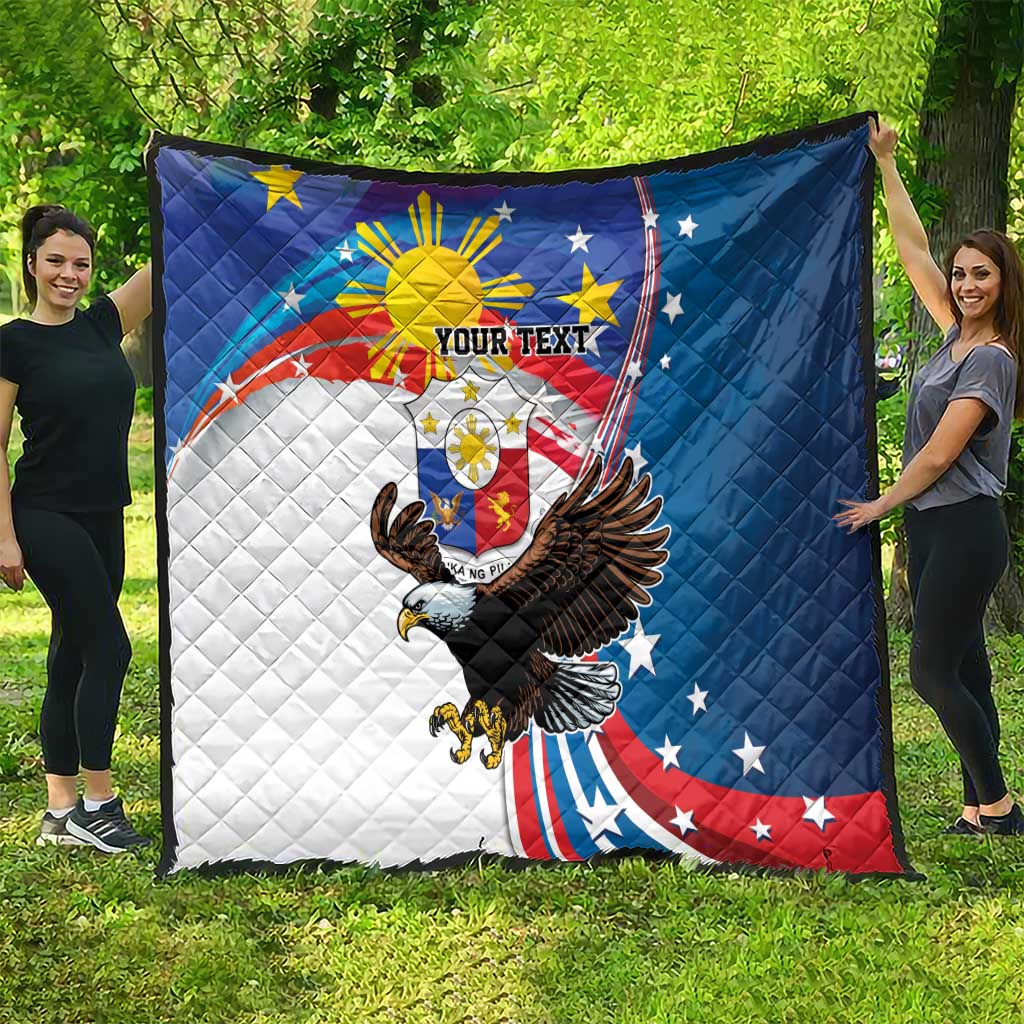 Personalized quilt held in yard with blue, white, red graphic, eagle, sunburst, “YOUR TEXT”