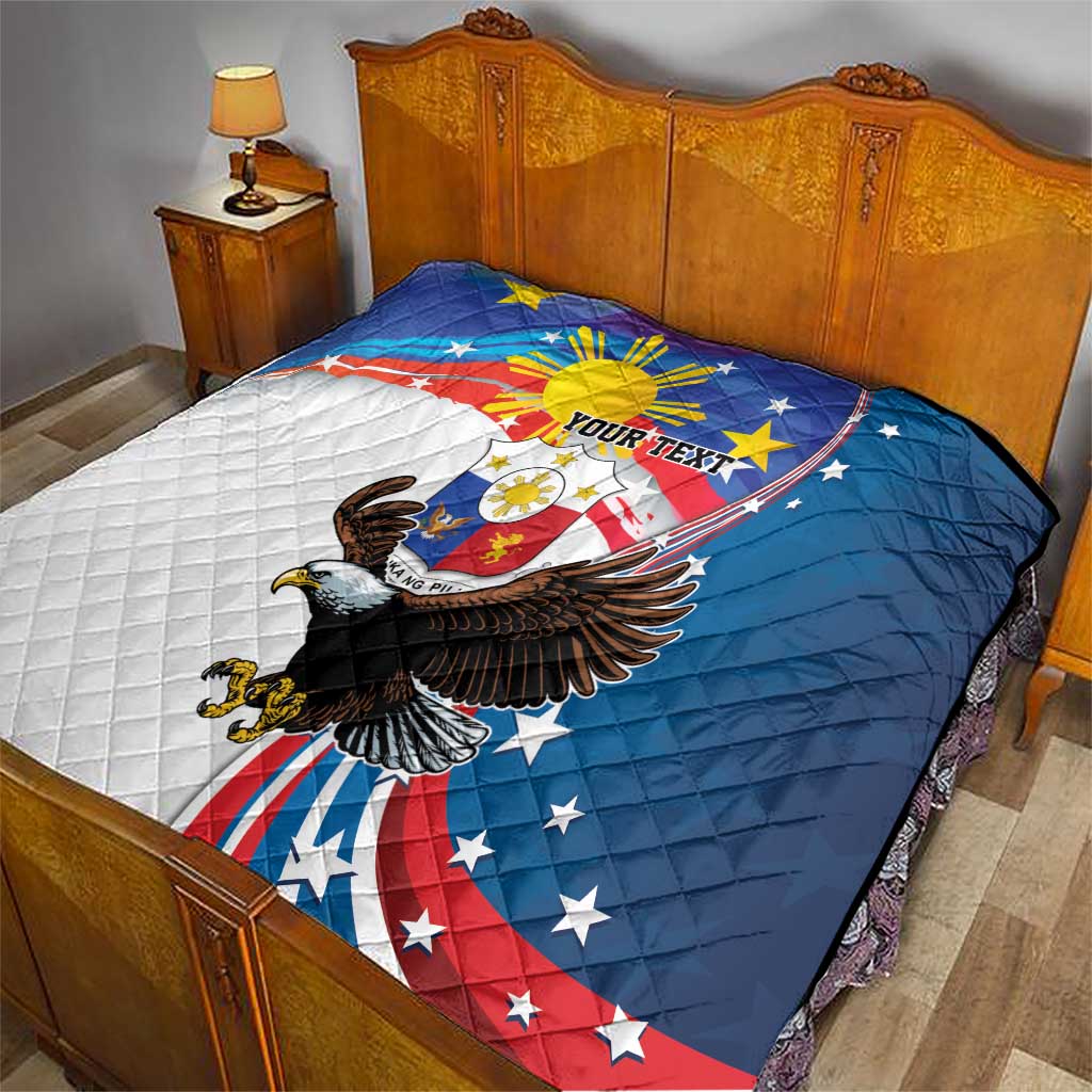 Personalized quilt layered on bed in blue, white, and red with eagle and “YOUR TEXT”