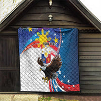 Personalized quilt hanging outside in blue, white, and red with eagle and “YOUR TEXT”