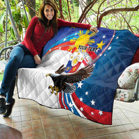 Personalized quilt spread on patio shows eagle, sunburst, stars, and “YOUR TEXT” text