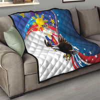Personalized quilt draped on sofa in blue and white with red accents, eagle, “YOUR TEXT”