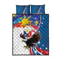 Quilt bed set with eagle and flag artwork, plus two blue pillow shams