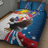 Blue and white quilt bed set with eagle emblem and star pattern, shown with two pillows