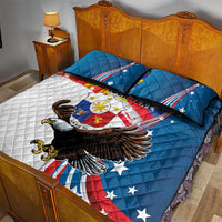 Blue quilt and pillow shams with eagle-and-flag print and black accent trim