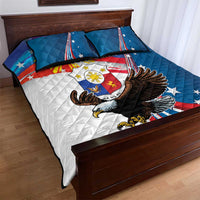 Blue quilt bed set with centered eagle and flag graphic, with two blue pillow covers