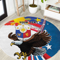 Blue round rug with large eagle wings, shield emblem, and "YOUR TEXT"
