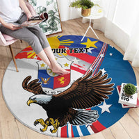 Blue round rug with eagle and shield design, "YOUR TEXT" printed across top