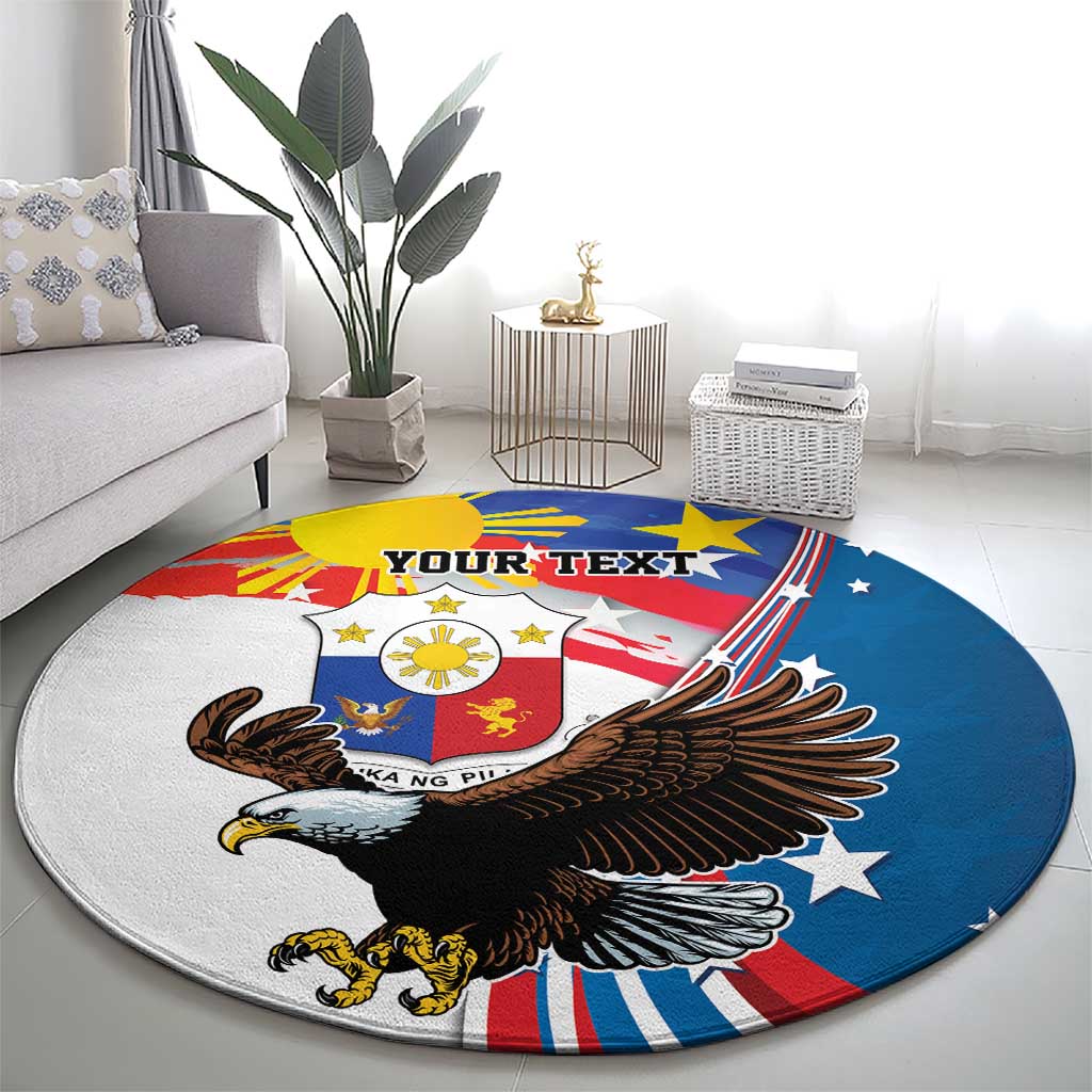 Blue circular carpet with eagle and star accents, centered "YOUR TEXT"
