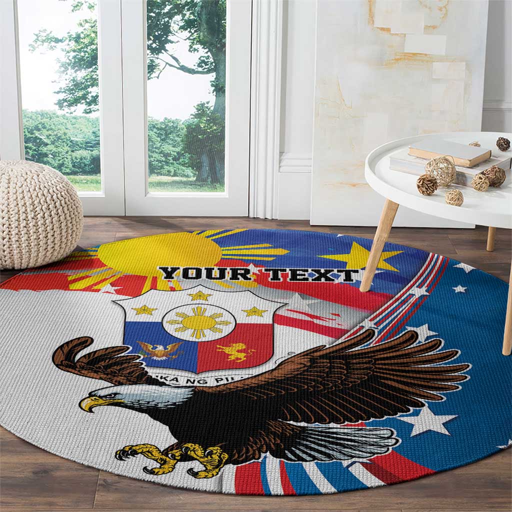 Blue round carpet with eagle and shield graphic, text reads "YOUR TEXT"