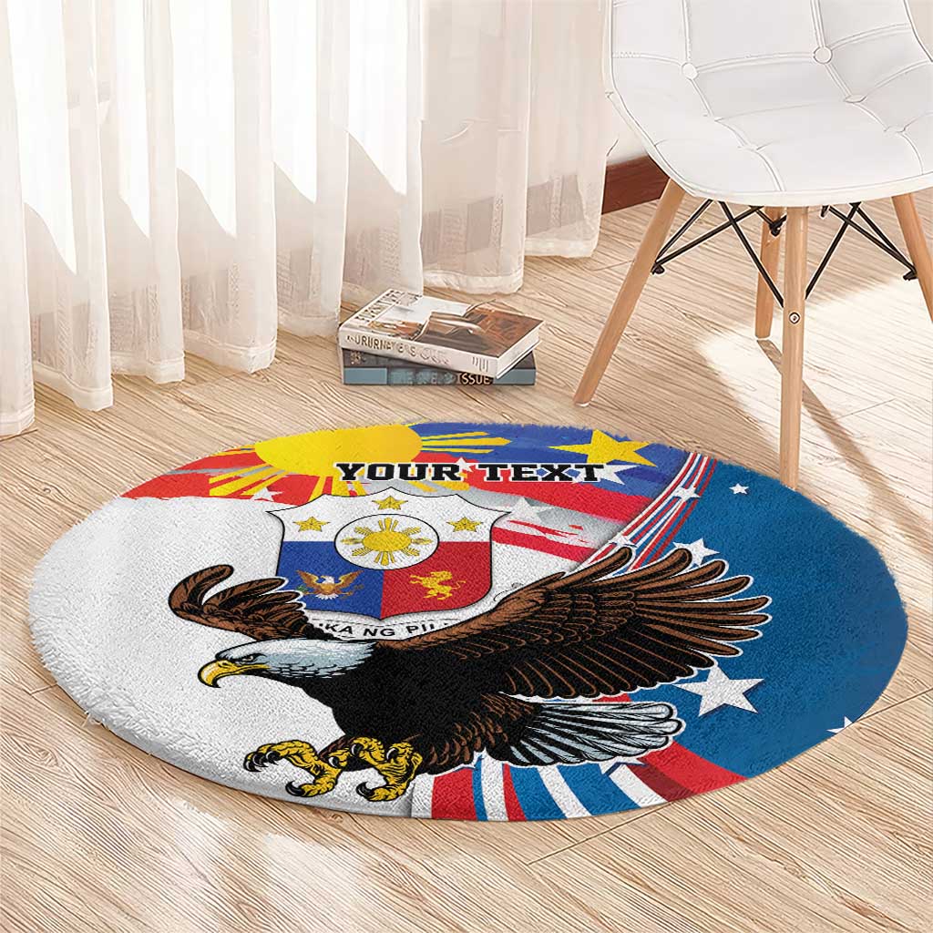Blue circular carpet featuring a black eagle, stars and shield, "YOUR TEXT"