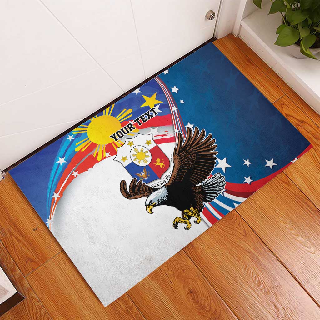 Personalized Filipino-American rubber doormat in blue, bald eagle with 'YOUR TEXT' banner