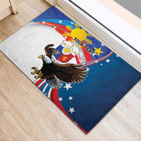 Personalized Filipino-American rubber doormat in blue with large bald eagle and 'YOUR TEXT' banner