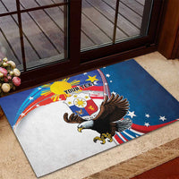 Personalized Filipino-American rubber doormat in blue with bald eagle, sun rays, 'YOUR TEXT' banner