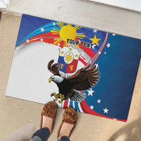 Personalized Filipino-American rubber doormat: blue bald eagle, sun, 'YOUR TEXT' banner