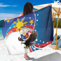 Personalized blue sarong spread view with eagle, sunburst, stars, and 'YOUR TEXT'.