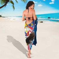 Personalized blue sarong with eagle, sunburst, stars, and red-white stripes; 'YOUR TEXT'.