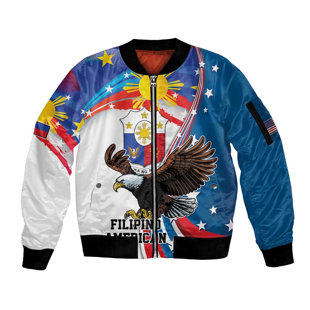 Personalized Filipino-American Sleeve Zip Bomber Jacket The Eight-Rayed Sun with Bald Eagle