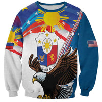Unisex blue/gray sweatshirt with eagle and sun rays, flag accents, and Philippine seal.